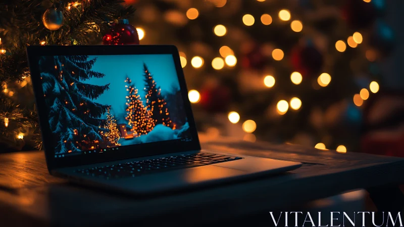 Laptop displays illuminated winter trees near defocused lights