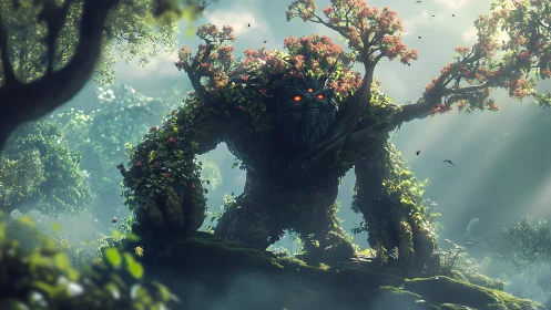 Forest tree golem with glowing eyes in misty sunlight.