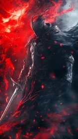 Shadow knight emerges through swirling red firestorm.