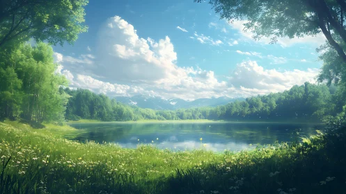 Radiant alpine lake ecosystem under volumetric spring light.