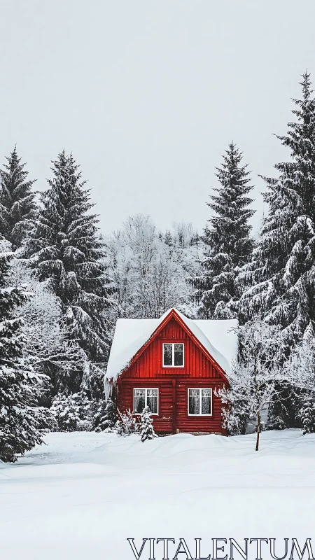 Red cabin stands isolated amid dense snow covered pines