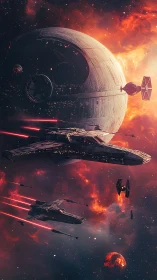 Colossal orbital battlestation amid crimson nebula warfare.