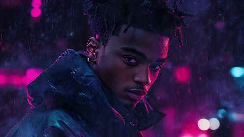 Moody neon portrait in rain with cool magenta lighting.