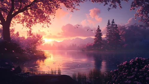Sunset lake glows beneath cherry blossoms in tranquil bloom.