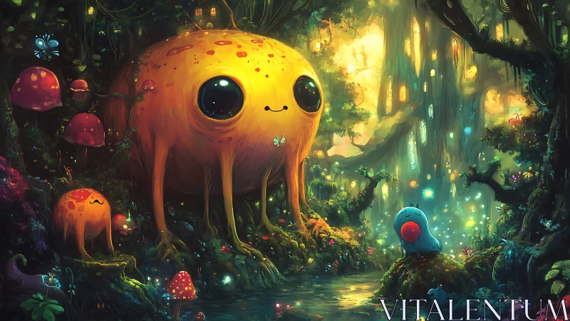 Glowing forest guardians with cute creatures at stream.