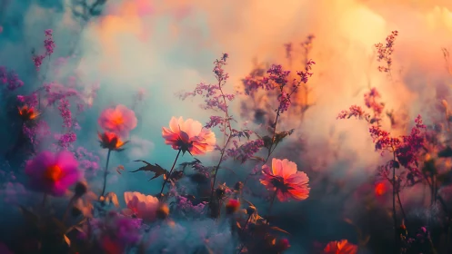Flowers in atmospheric haze with warm and cool color gradients.