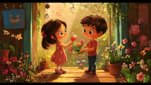 Boy Gives Flowers Girl. Romantic Garden Scene with Warm Light.