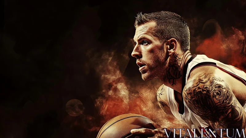 Tattooed basketball player in dramatic digital portrait.