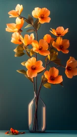 Orange Flowers in Clear Vase Against Teal Background