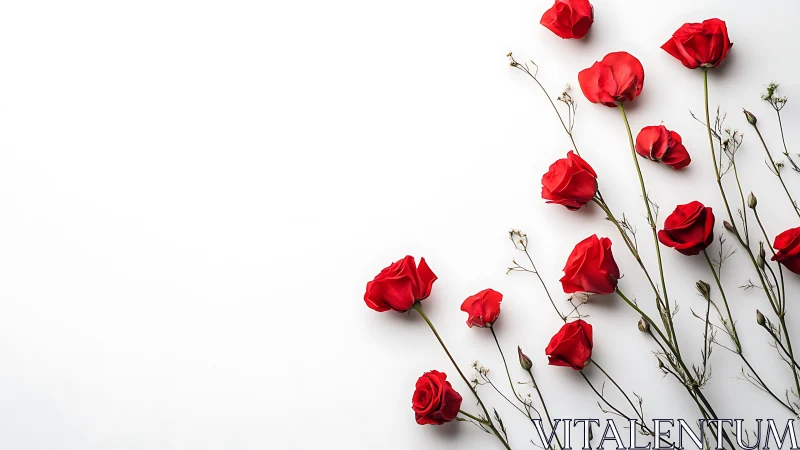 Red rose specimens with botanical stems arranged on neutral surface display