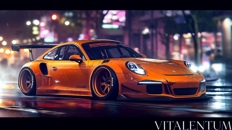 Orange race car parked on wet neon city street at night.