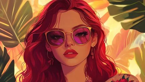 Red haired woman in reflective sunglasses amid tropical foliage