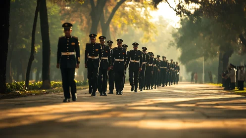 Military honor guard advances in formation under warm backlight