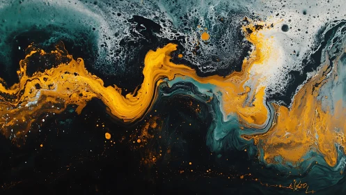 Abstract teal and gold fluid wave across dark canvas.