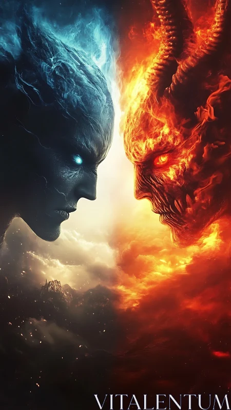 Elemental ice and fire titans clash in symmetrical standoff.