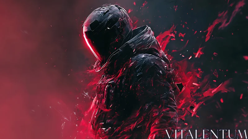 Armored sci fi figure in red fragmented energy field.