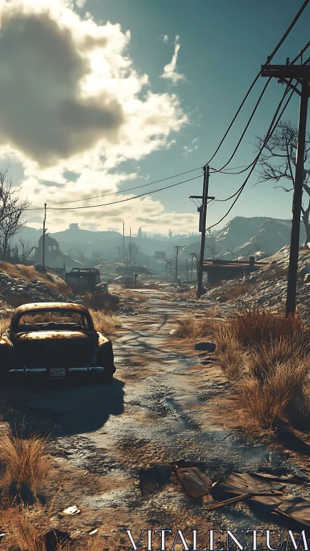 Desolate postwar roadway with rusted sedan and leaning power lines