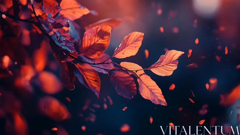 Orange autumn leaves hang sharply focused against dark blur
