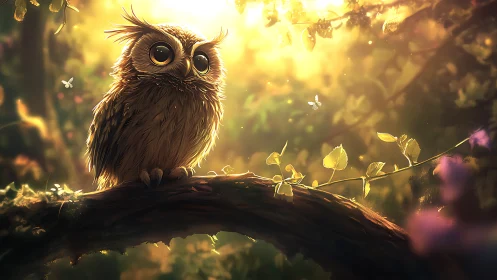 Whimsical owl perched on branch in magical golden forest light.