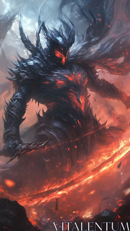 Flaming shadow warlord rises amid swirling infernal storm