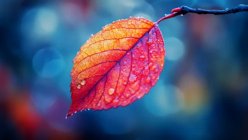 Single dewy autumn leaf glowing against soft blue bokeh.