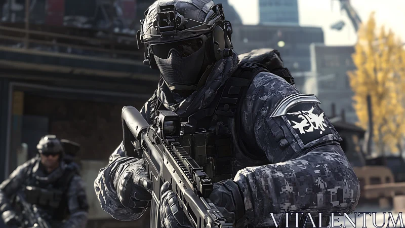 Tactical soldier aiming rifle in urban combat setting.