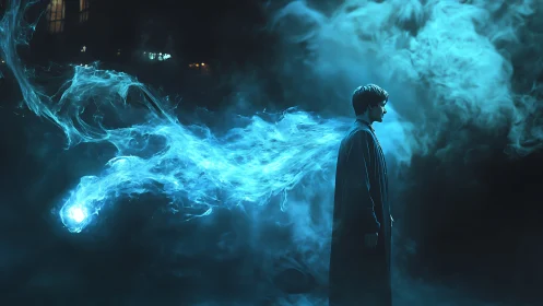 Midnight mage walking with a luminous swirling spirit.