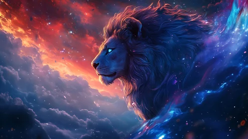 Starlit lion drifts between nebula tides and burning dawn