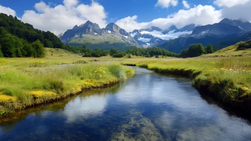 Mountain valley river under blue sky and distant glaciers.
