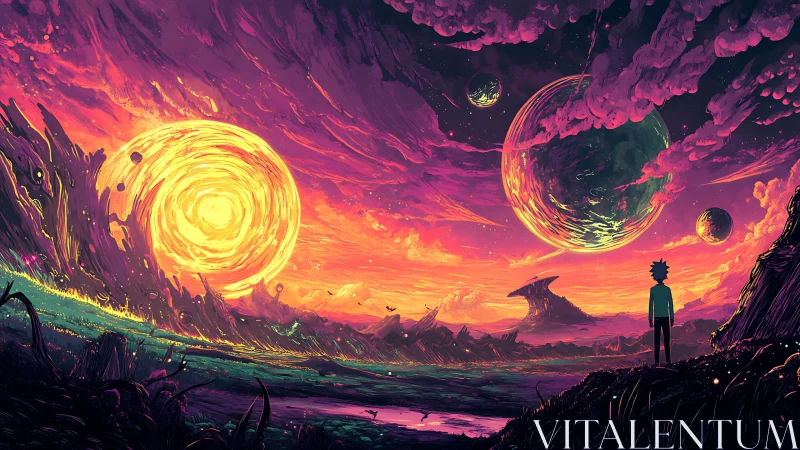 Wonder-struck traveler beneath swirling alien skies.