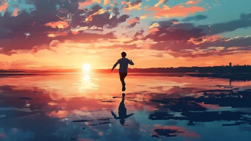 Runner crossing reflective shoreline under vivid sunset.