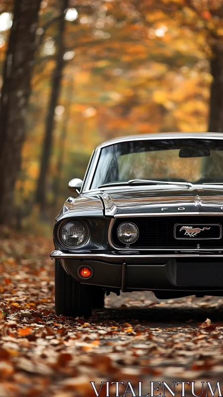 Classic Ford Mustang on forest road in autumn foliage.