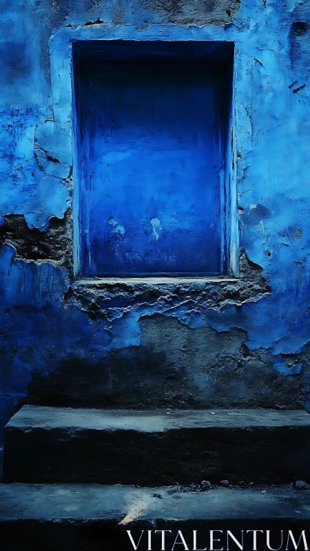 Weathered blue wall with empty recessed window frame.
