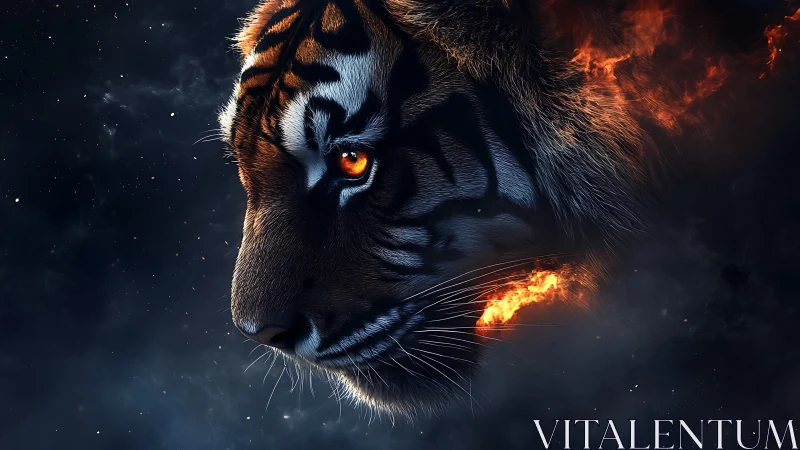 Midnight tiger of embers and stars in quiet profile.