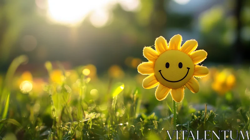 Smiling yellow sun toy in sunlit meadow with soft bokeh glow.