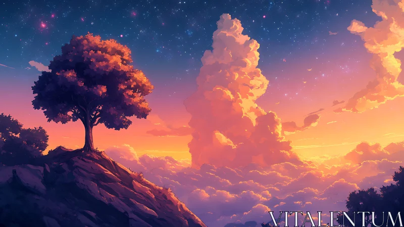 Solitary hilltop tree above vivid sunset cloud ocean.