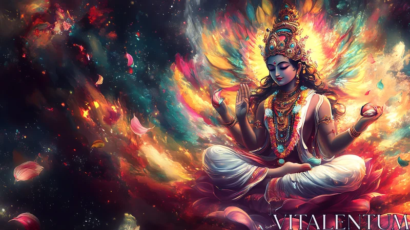 Cosmic lotus ascension with prismatic meditative deity field.