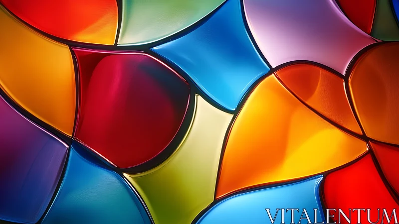 Color saturated abstract glass mosaic with curved panels.