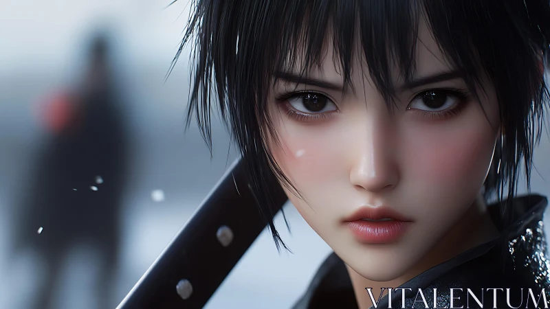 Stormlit warrior portrait unites anime facial stylization and steel