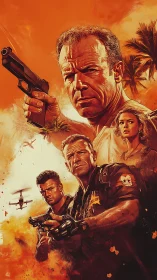 Tense action heroes stand ready under a blazing orange sky