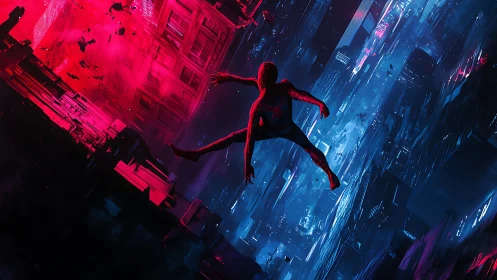 Masked superhero falling between red and blue cityscapes.