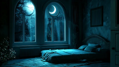 Moonlit bedroom interior shows bed and arched windows