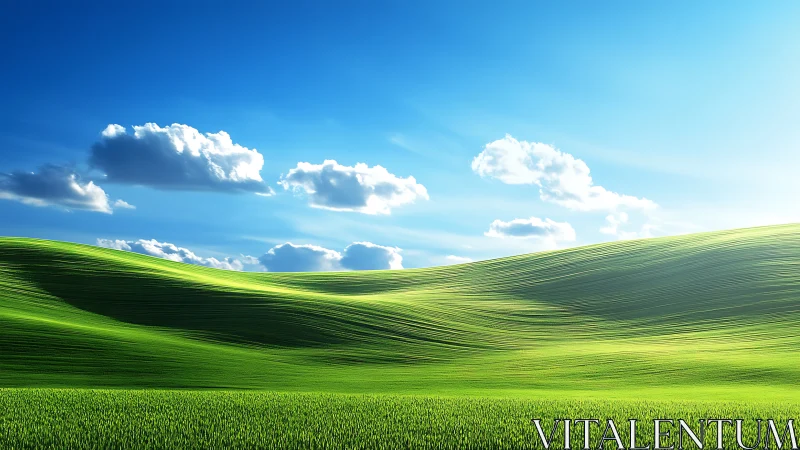 Sunlit green hills under sparse cumulus cloud formations.
