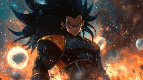 Saiyan warrior amid burning cosmic storm of energy.