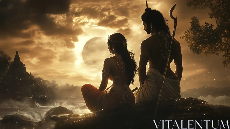 Mythic riverbank lovers under eclipsed golden sky.