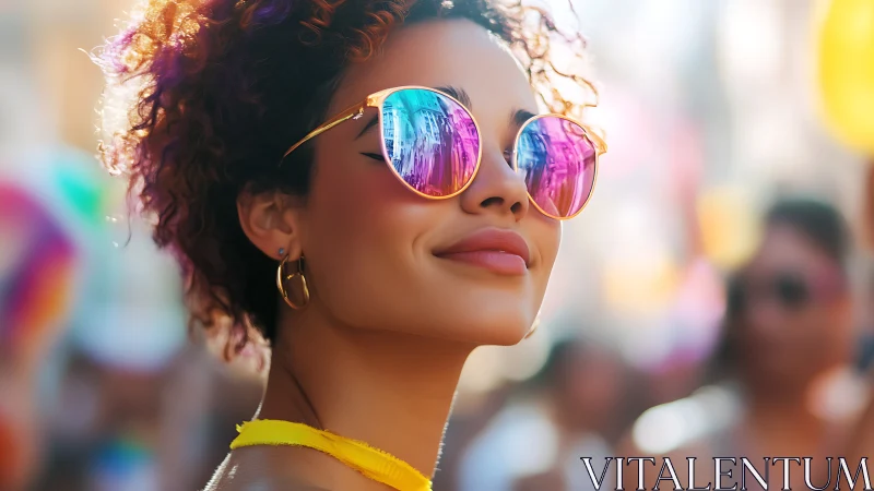 Woman in reflective pink sunglasses at vibrant street festival.