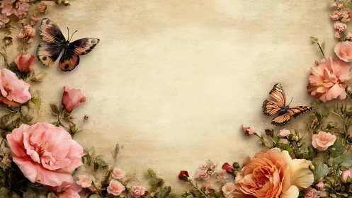 Vintage floral frame with peach roses and two butterflies