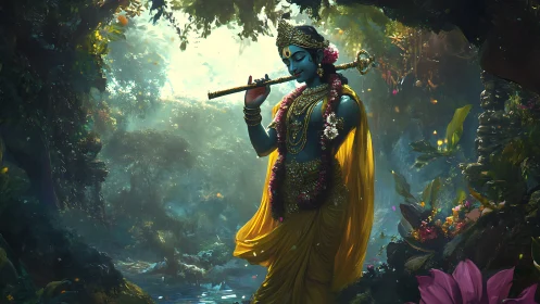 Divine blue deity playing flute in lush sacred forest.