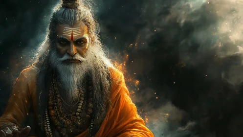 Mystic sage in fiery aura amid swirling cosmic smoke.