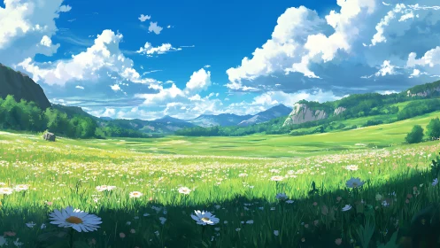 Sunlit wildflower valley under drifting summer clouds.